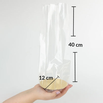 Cellofanpåsar med guld bottenplatta Ø12×40 cm | Transparenta plast