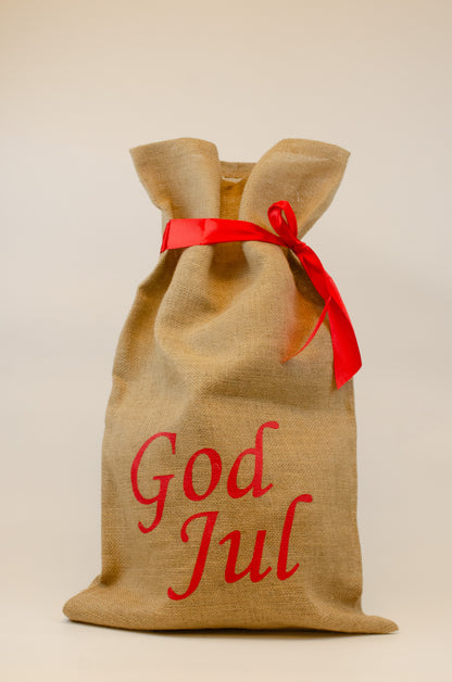 Julsäck- God Jul med rött band  | 40x70cm - XL | Jute